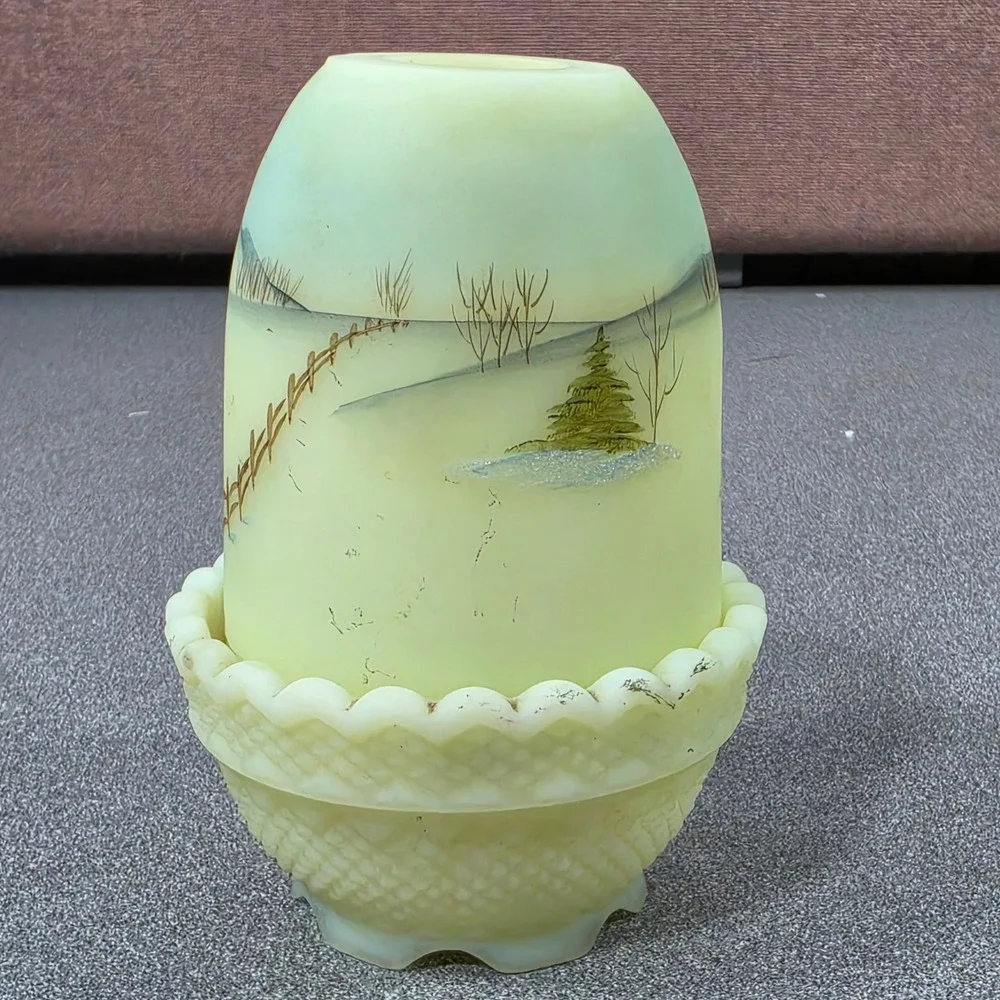 Fenton Fairy Lamp Burmese Uranium Glass Hand Painted Winter Sleigh RARE!